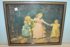 Print of Victorian Children Playing In carved frame; 22 1/2