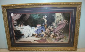 Matted Print of Lady Sleeping with Cupids Playing In carved gold frame; 31