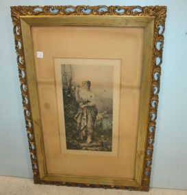 Victorian Lady Smelling Flowers in Open Pierced Carved Frame Painted by T. Bernard, frame has minor damage; 24