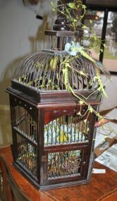 Ornate Mahogany Bird Cage Decorated with bird's nest and peacock feathers; 28