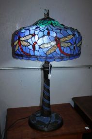 Dragonfly Tiffany Style Blue Leaded Glass Lamp Base has mosaic dragonflies; shade 20