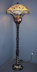 Dragonfly Tiffany Style Leaded Glass Floor Lamp Base has mosaic dragonflies and center lights up; shade 22