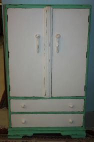 Hand Brushed Spearmint and White Distressed Painted Childs Chest Has two doors and two drawers; 33