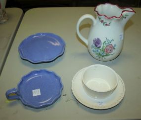 German Sauce Bowl, French Bouquet Hand Painted Pitcher, Pottery Handled Dish, and Scalloped Dish