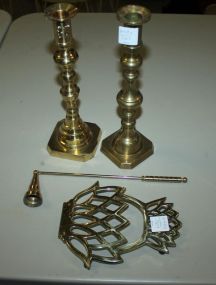 Pair of Brass Candlesticks, Brass Candle Snuffer, Brass Trivet Pair of candlesticks 10 1/2