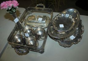 Lot of Silverplate Including trays, four cups, butter dish, bud vase, glass / silver tray