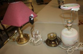 Group of Four Lamps Two brass, pottery, and lucite