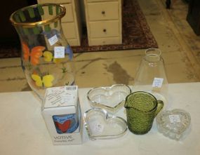 Painted Hurricane Shade, Two Heart Dishes, Covered Heart Dish, Shade, Small Green Pitcher