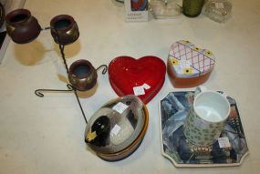 Covered Duck Dish, Two Covered Heart Dishes, Mug, Octagon Shaped Dish, Small Stand with Mini Pots