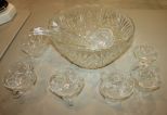 Glass Punch Bowl, Plastic Ladle, and Eleven Cups Bowl 12