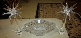Oval Cut Glass Bowl and Two Glass Candleholders Bowl 11 1/2