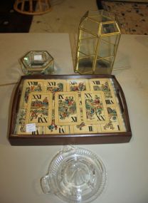 Wooden Tray with Early Playing Cards, Glass Juicer, Brass and Beveled Glass Jewelry Box, Brass and Glass Display