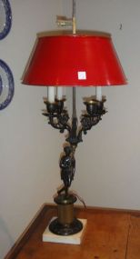 Pair of Empire Style Spelter Lamps with Marble Bases Red Tole Shade