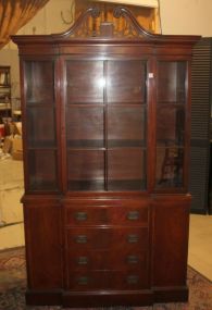 China Cabinet with Broken Pediment Top glass panels (center door opens) four drawers, two lower doors, 42