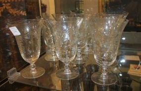 Set of Nine Etched Glasses one chipped, 6