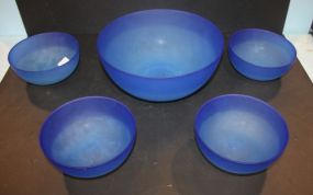 Large Blue Glass Pottery Barn Bowl and Four Salad Bowls 9