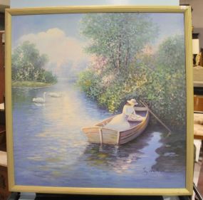 Oil Painting on Board of Lady Reading in a Boat signed Jay Anderson, 38
