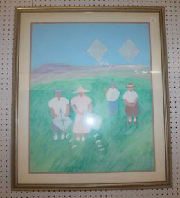 Watercolor of Kite Flyers signed Hill '86 30