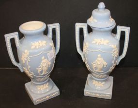 Pair of Ceramic Wedgwood Style Urns one lid missing, 11