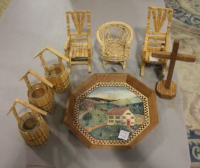 Miniature Clothes Pin Chairs, Barrel and Decorative Wall Plaque Tray