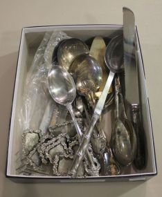 Group Lot of Silverplate Tongs, Large Serving Spoons, Name Holders, and Knife