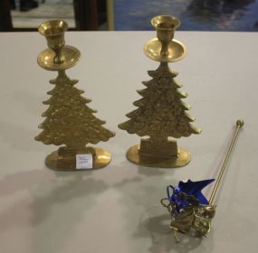 Brass Christmas Tree Candlesticks and Snuffer