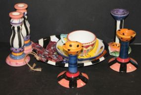 Ceramic Painted Candlesticks, Platter, Large Cup/Saucer