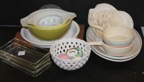 Kitchen Items Including corning pie plate, mixing bowls, trivets, glass tray