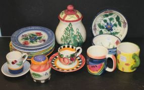 Group Lot of Hand Painted Ceramic Plates, Cup/Saucers Covered Jar