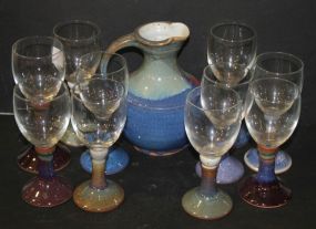Pottery Pitcher with Ten Glass/Pottery Glasses