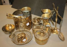 Grouping of Brass which includes pitchers, cups, planter, scales, 10