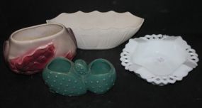 Three Pottery Planters, Milk Glass Dish 7