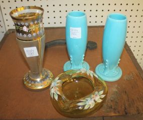 Two Aqua Fiesta Vases, Painted Decorated Vase, Matching ashtray vases 6