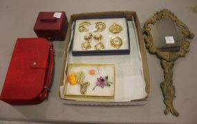 Vintage Gold Plastic Hand Mirror, Two Red Boxes, and Vintage Jewelry