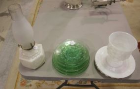 Seven Green Depression Glass Plates, Three Milk Glass Plates, Milk Glass Candy Dish, Glass Kerosene Lamp dish 6