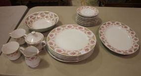 Set of Norleans Japanese China 5 dinner plates, 9 Saucers, 2 cups, creamer, sugar, 3 bowls
