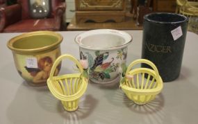 Two Small Planters, Two Yellow Baskets, and Benziger Marble Jar Baskets 4