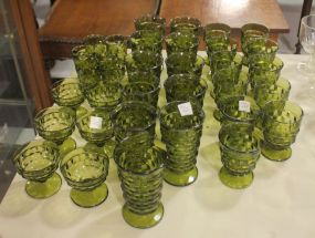 Set of Vintage Green Glasses Including 11 Tea Glasses, 11 Water glasses, 6 sorbets, 6 juice glasses