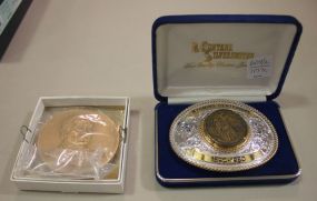 Signed Sterling Silverplate, Wyoming Centennial 1990 Buckle by Montana Silversmith, and John Wayne American Bronze Commemorative Mint Metal 