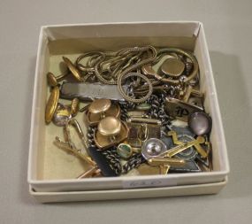 Miscellaneous Box of Cuff Links, Parts, Watch Chain, Small Sterling Clip