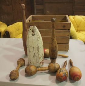 Vintage Mexican Wood Maraces, Old Buoy Marker, Wood Bar Bells in Crate