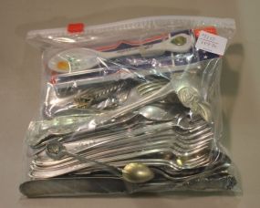Bag Lot of Miscellaneous Silverplate Spoons, Ladle, Various Flatware, Porcelain Souvenir Spoon
