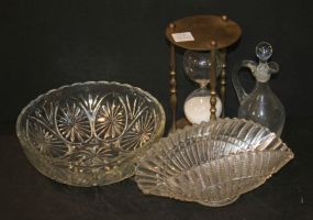 Press Glass Bowl, Candy Dish, Hour Glass, and Vinegar Bottle