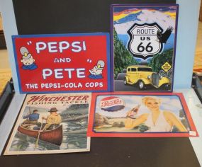Tin Pepsi-Cola Sign, Winchester Fishing Tackle Sign, Route US 66 Sign, Pete and Pepsi Sign Tin Pepsi-Cola Sign 17