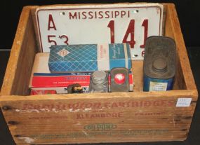 Remington Cartridge Box Along with Car Tags, Cans, Thread, and Friction Tape