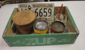 7 Up Crate, Blue Plate Strawberry Bucket Tag, and Cans