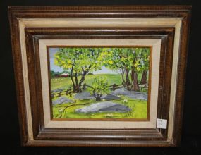 Oil Painting of Barns in a Pasture signed June Armour 17