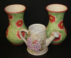 Two Ceramic Vases and Pitcher with Hummingbird