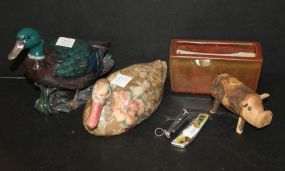 Small Ceramic Planter, Painted Ducks, Carved Pig, and Two Pocket Knives