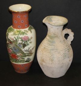 Pottery Pitcher and Porcelain Painted Vase